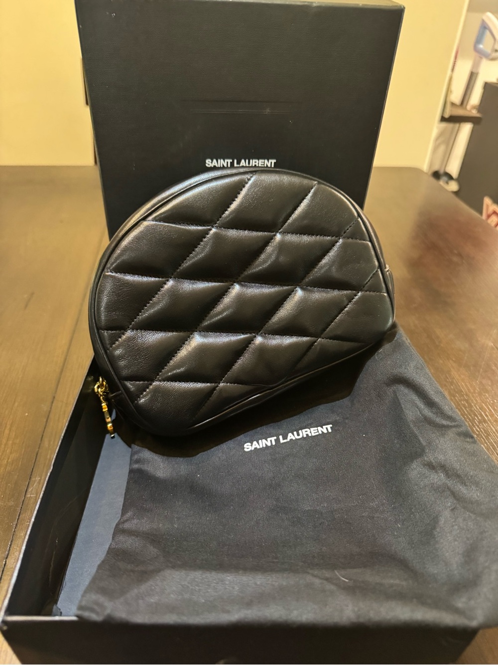 Saint Laurent Black Quilted Round Leather Pouch with Gold Zipper
